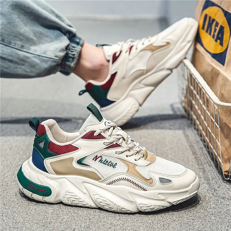 Men's casual sneakers with height-increasing insole, soft sole, round toe, PU upper, available in beige red