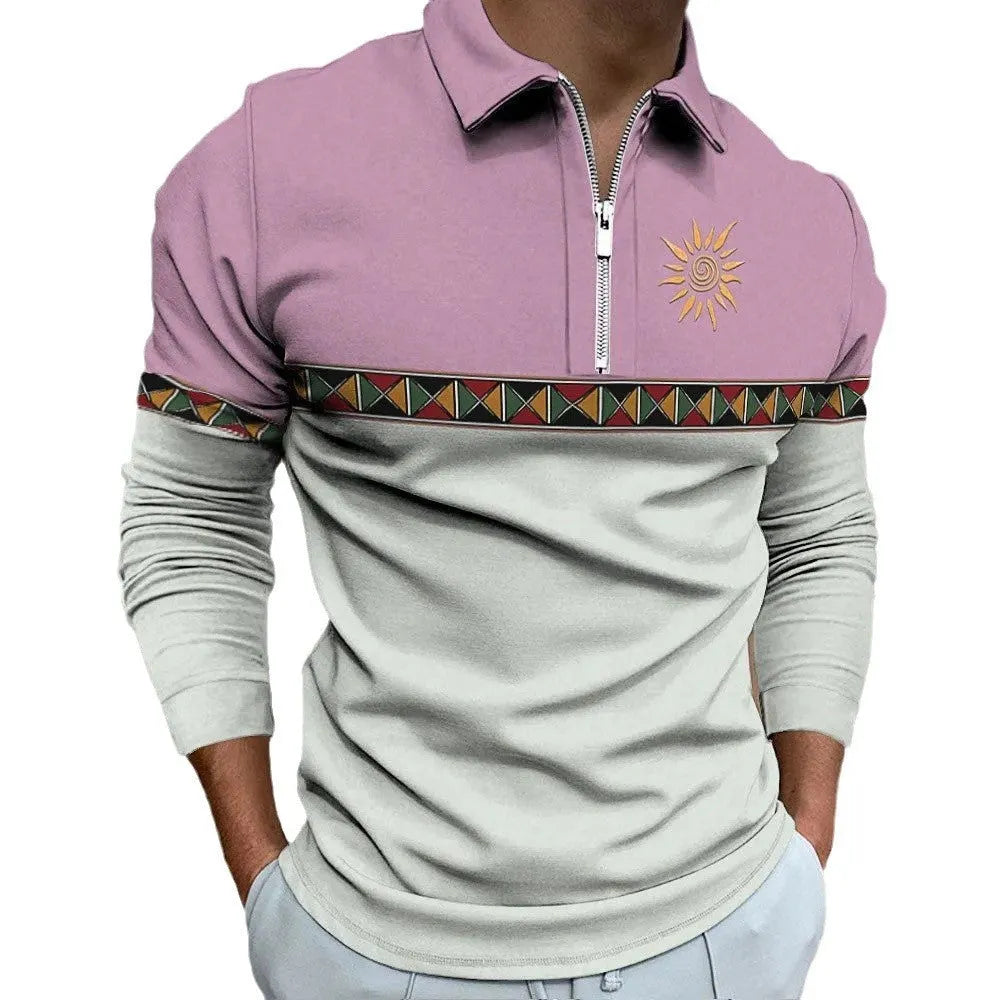 Men's striped loose-fit long sleeve t-shirt with retro colour printing and zipper detail on sleeve.
