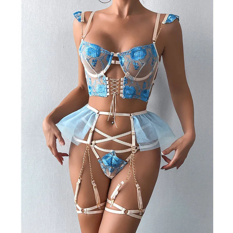 Lace embroidered transparent push up bra and pants set in light blue or purple colours