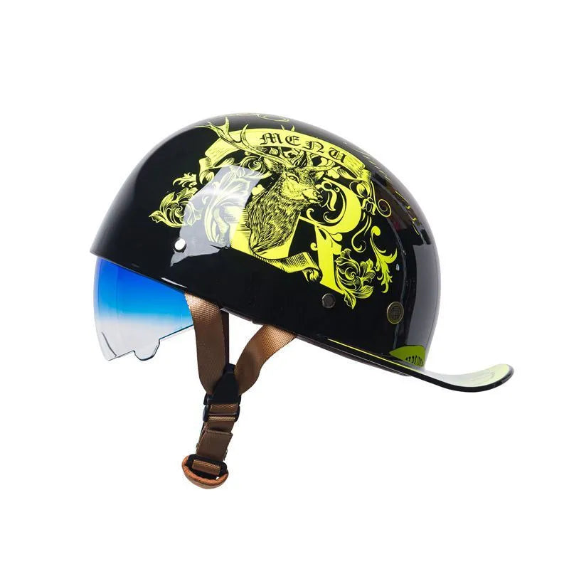 Men's retro half helmet for electric bikes in bright black with a blue gradient lens.