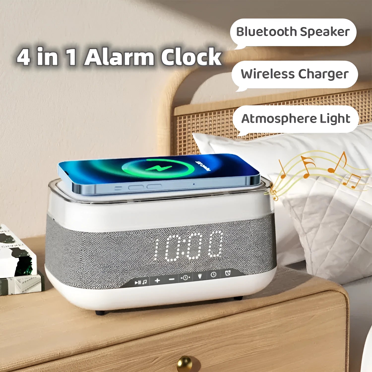 White multifunctional alarm clock with Bluetooth speaker, wireless charging pad, and night light display