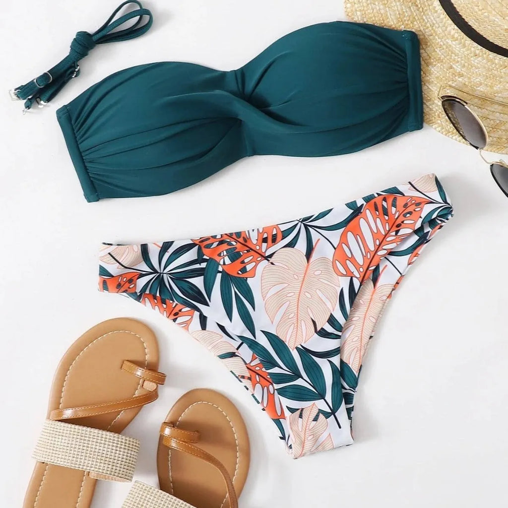 Two-piece bikini swimsuit with hard push up cups in briefs style, shown in available colours.