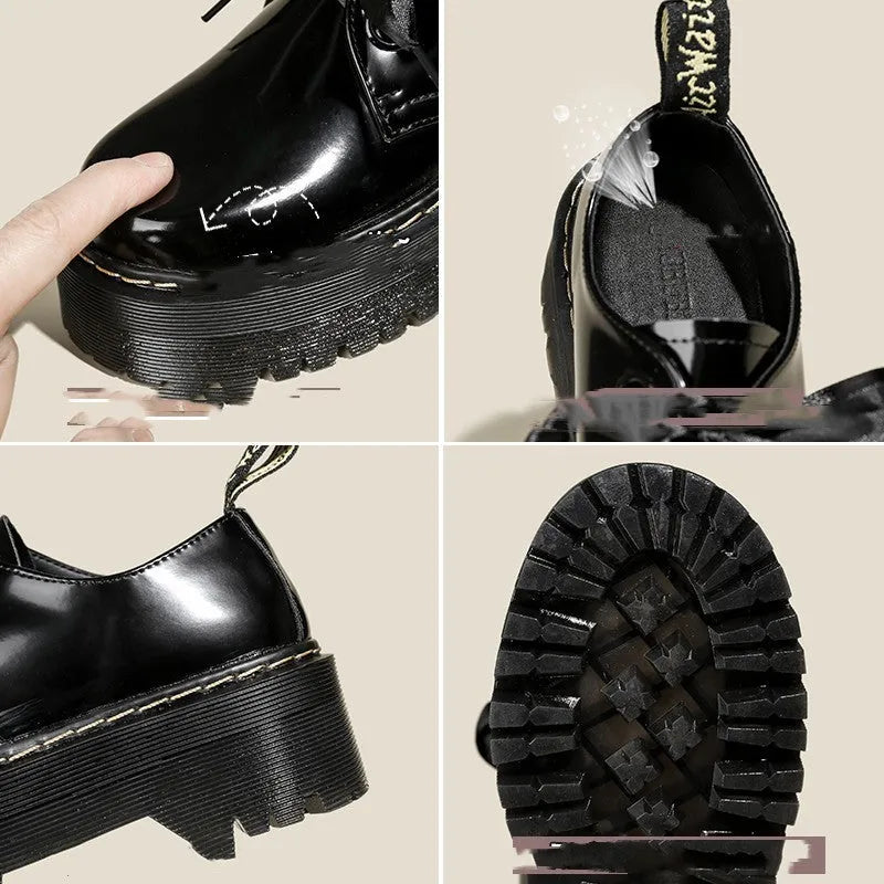 Women's thick-soled leather shoes with decorative ribbon cross-straps in black colour option