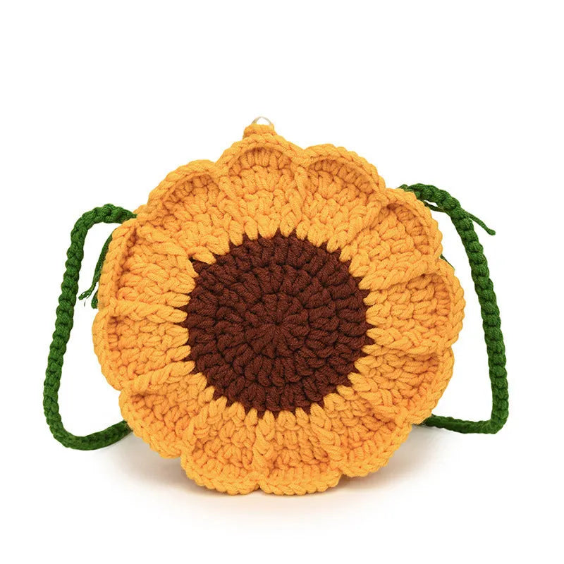 Hand-woven crochet shoulder bag with floral design, cotton lining, and internal phone pocket