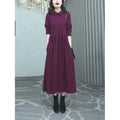 Purplish red plus size dress with extra-long sleeves and long skirt for autumn winter wear