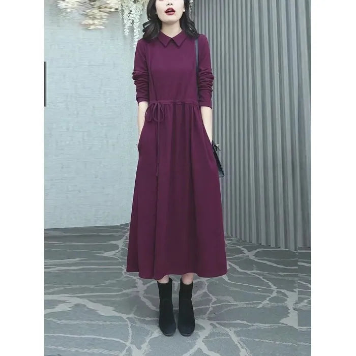 Purplish red plus size dress with extra-long sleeves and long skirt for autumn winter wear