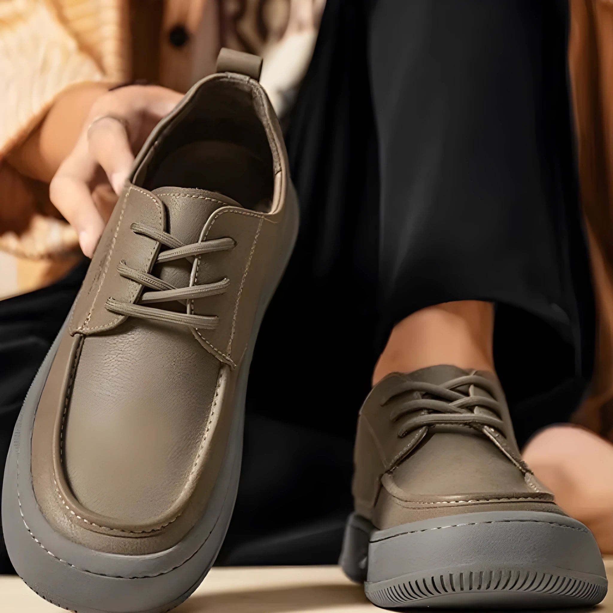 British retro style brown leather casual shoes with big toe design on a white background.