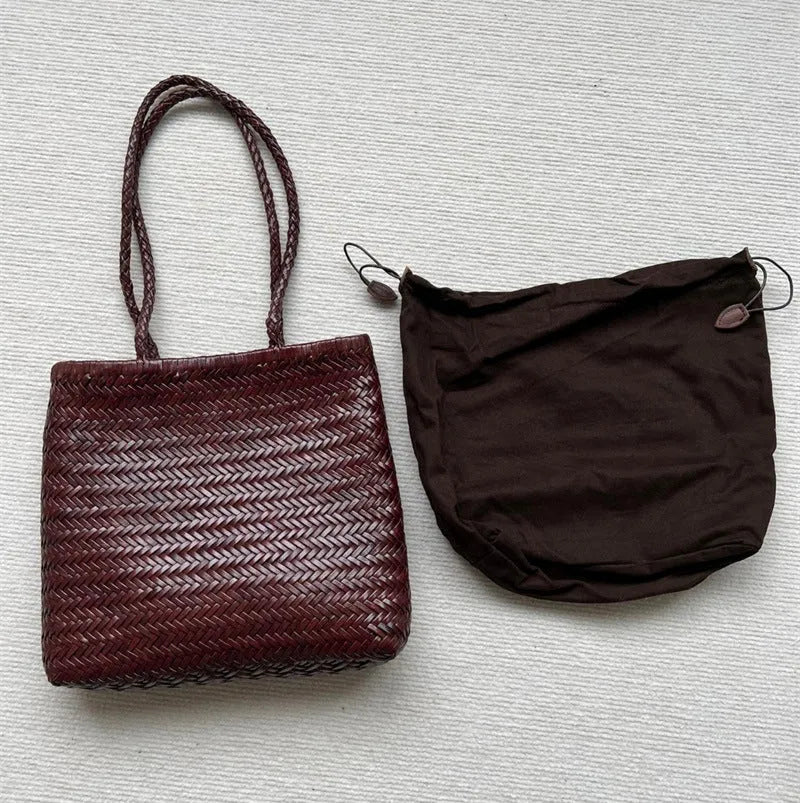 Brown handmade woven genuine leather shoulder tote bag with a front pocket