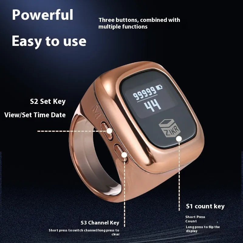 Digital electronic tasbih counter with LCD screen shown in rose gold colour.