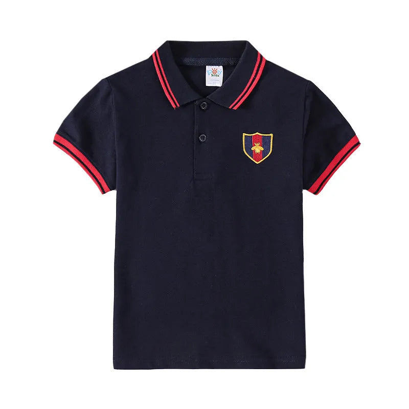 Boys' red short-sleeve polo shirt with lapel collar for children aged 3-8 years.