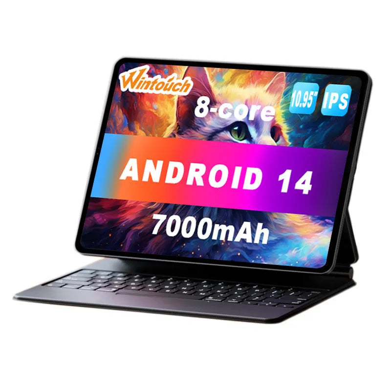 10-inch bare metal blue tablet in a leather keyboard case on a desk