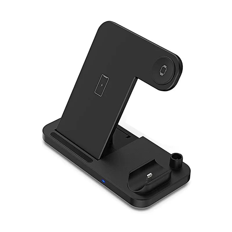 Black Four-in-One wireless charging stand for mobile phones with QC3.0 charging head.