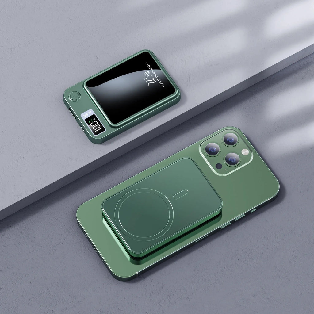 Wireless power bank with MagSafe charging in black, white, purple or green colour with industrial style plastic shell