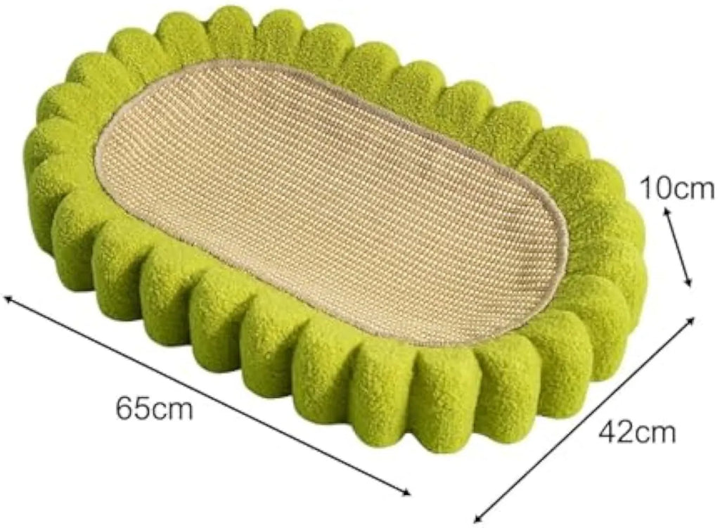 Green oval cat scratch pad bowl bed made from sisal measuring 650mm by 420mm