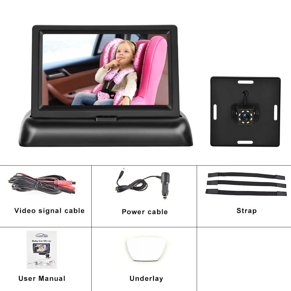 4.3-inch folding screen car baby monitor with rear view camera and cigarette lighter power plug
