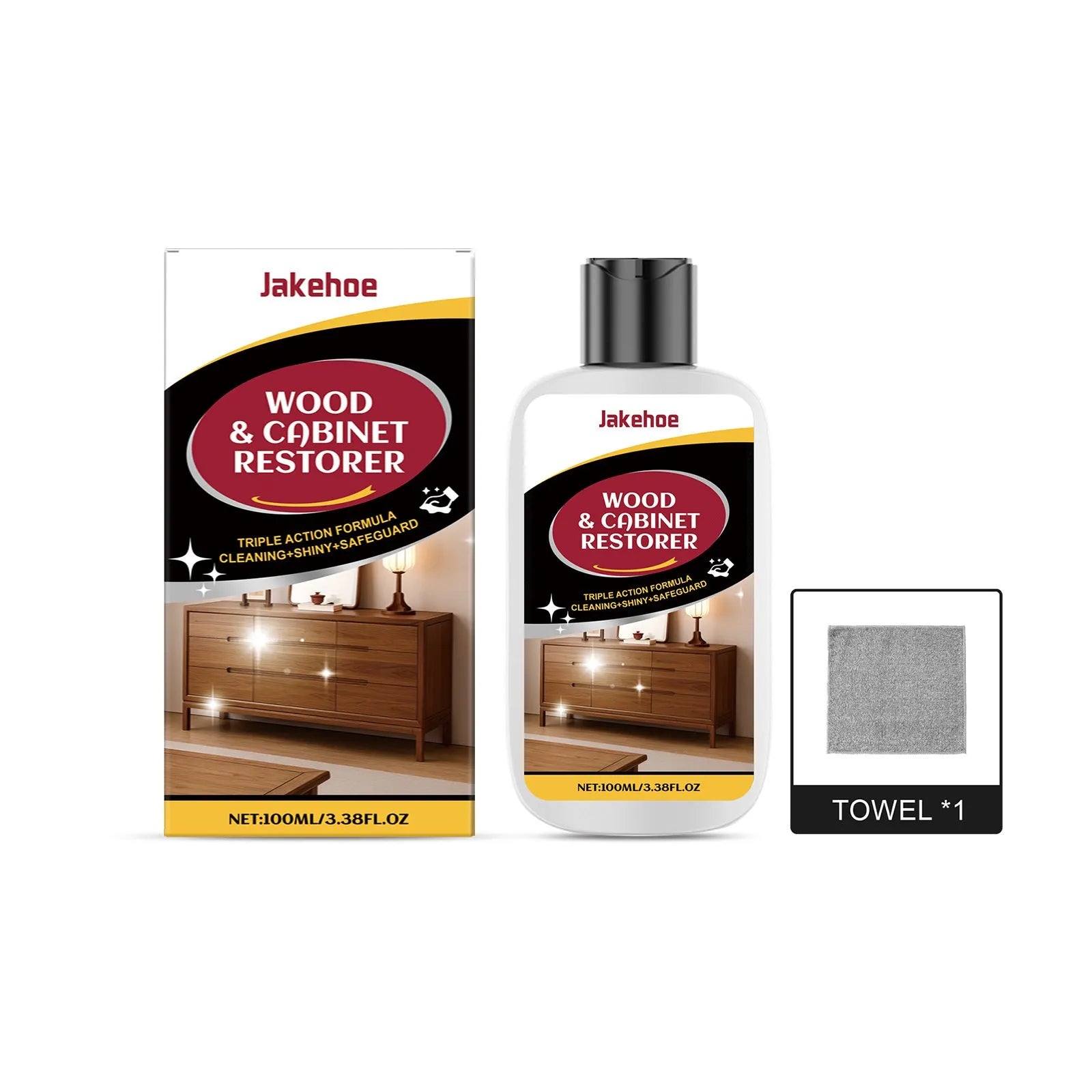 Wooden furniture scratch care solution kit showing 100ml bottle and 20x20cm microfiber cloth on packaging