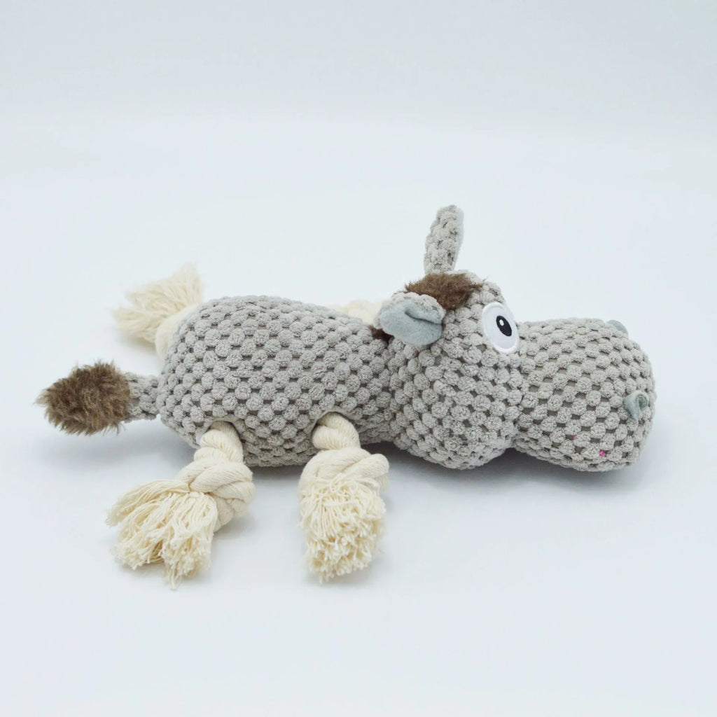 Grey donkey plush dog toy with creak sound measuring 27x20x9.5cm