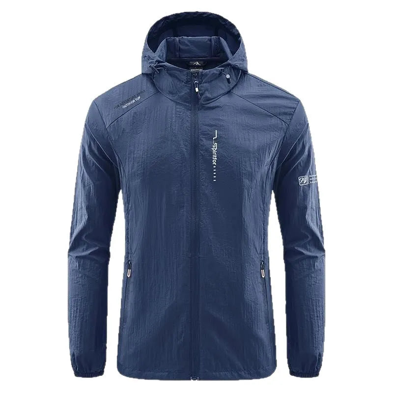 Men's thin nylon summer hooded jacket in light grey colour showing loose fit design
