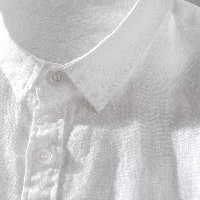 Men's solid colour short sleeve linen blend shirt on a hanger, showing loose fit.