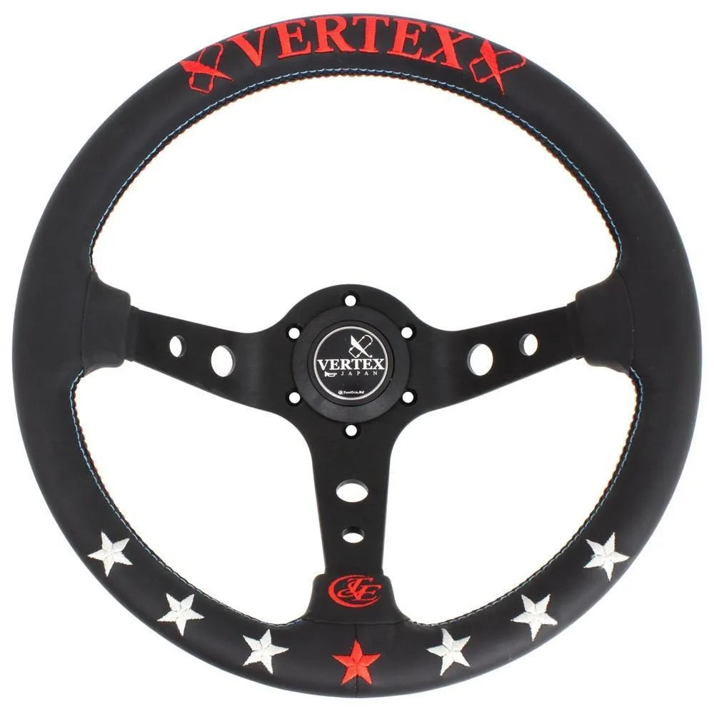 Black deep concave alloy racing steering wheel showing 330mm diameter and Vertex design options.