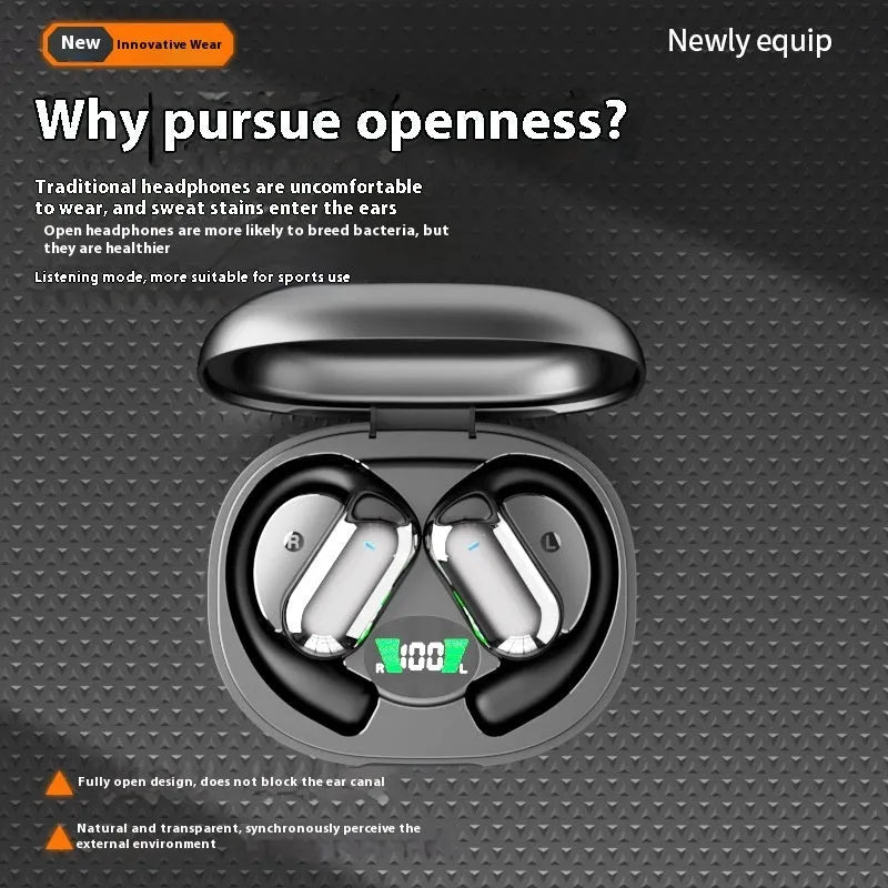 Sports ear hook open Bluetooth headset in black with digital display, Jerry chip, and waterproof build