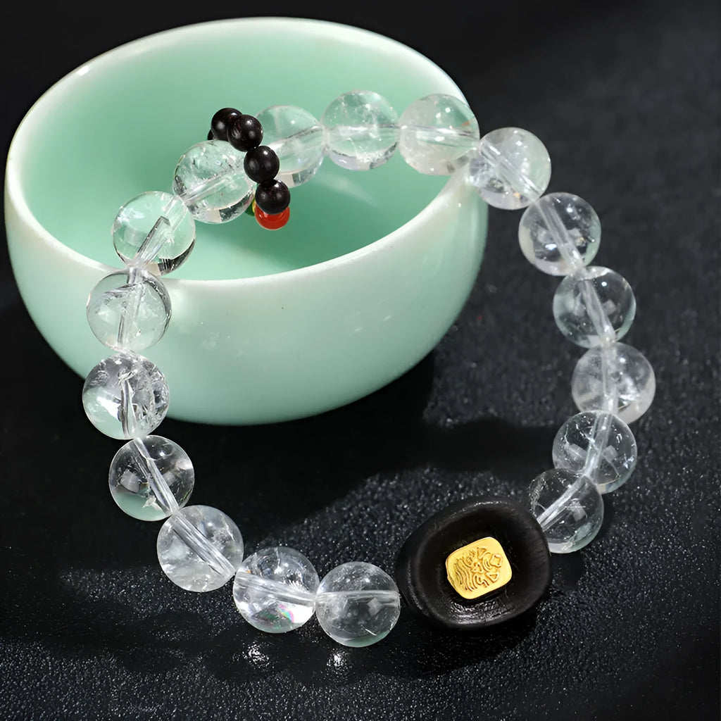 Handmade natural white crystal ebony bracelet with five warp ethnic design