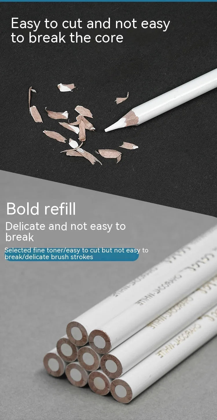 Three white charcoal sketching pencils with wooden casings and a visible refillable brush tip.