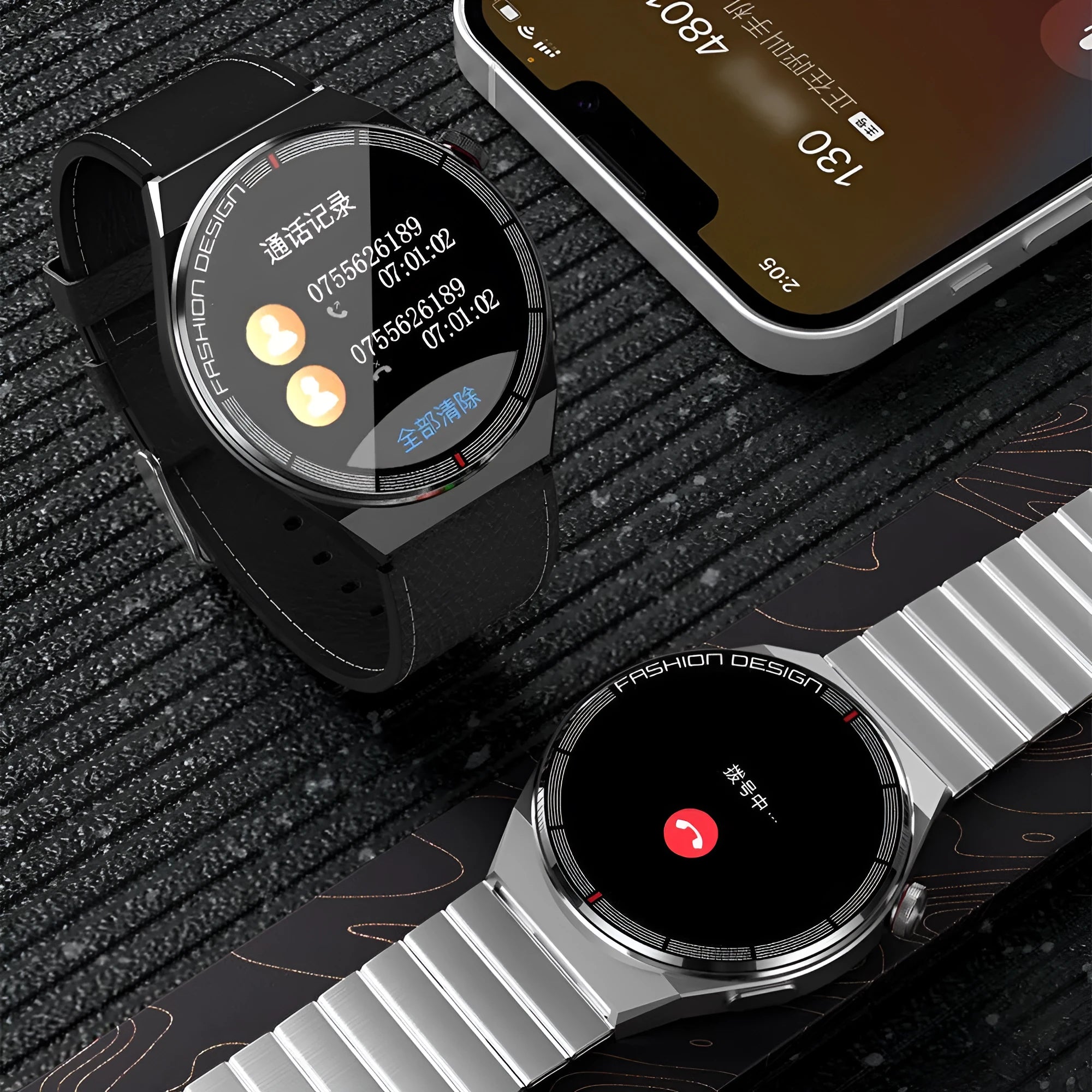 Black smartwatch with heart rate monitor on a silicone strap, showing a call screen on its 1.28-inch display.