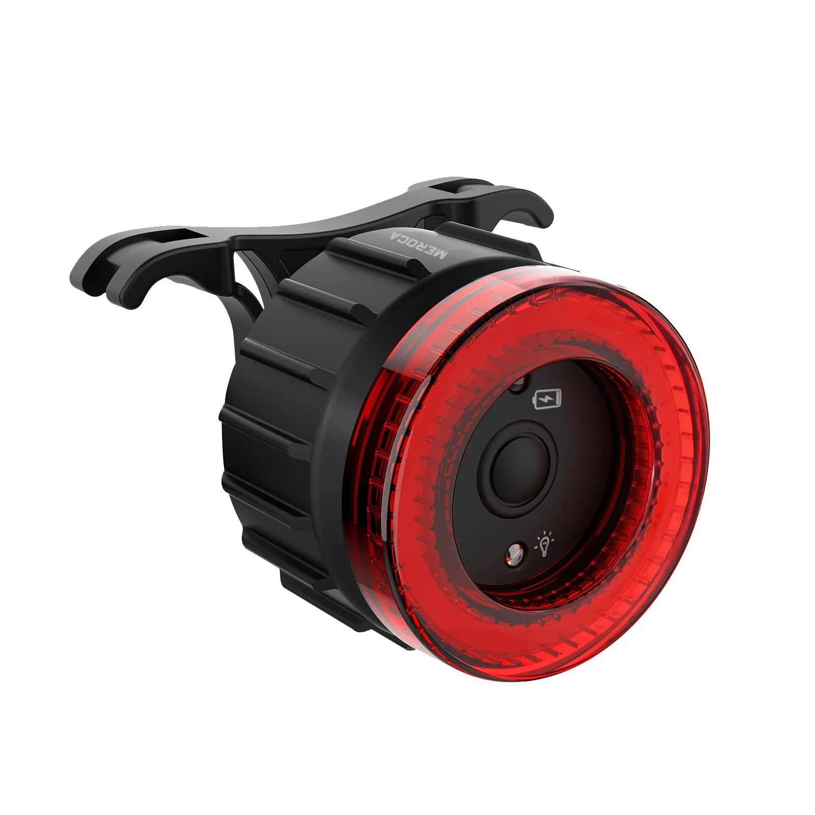 Black intelligent induction brake taillight for bicycles with aluminium alloy housing and seat tube bracket.