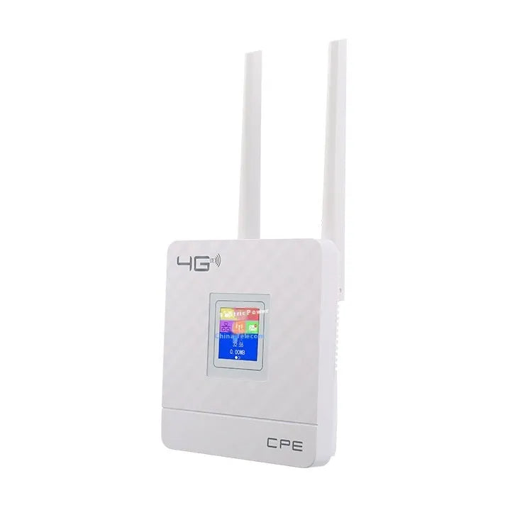 Compact white portable LTE router with two black external antennas standing upright.