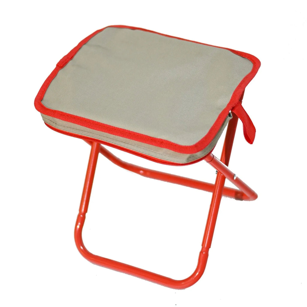 A foldable outdoor camping stool in Oxford cloth, shown in a khaki colour, folded compactly.