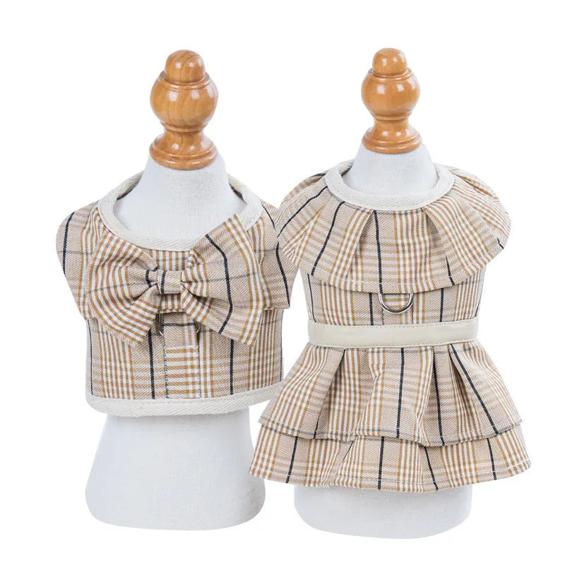 Polyester dog harness vest with chest strap and attached hand-holding rope in beige colour