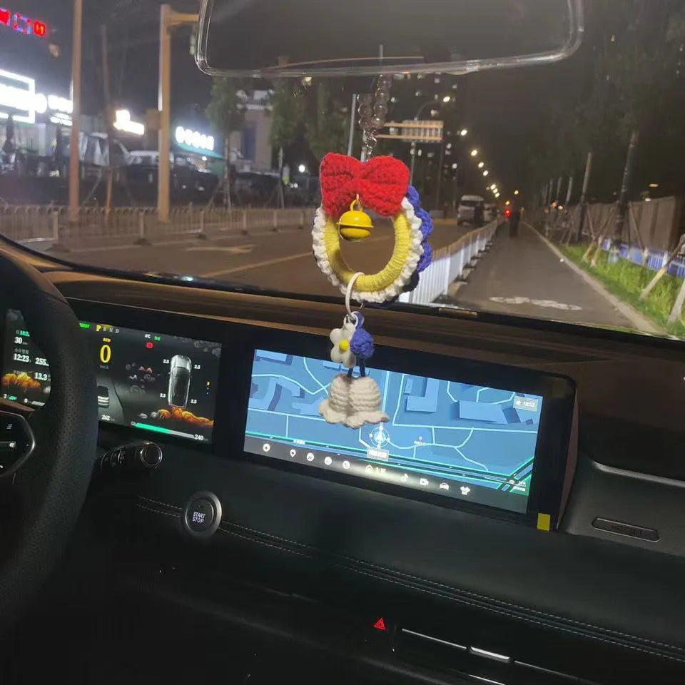 Handmade soft plush yarn car hanging ornament with pom-pom accents for rearview mirror decoration