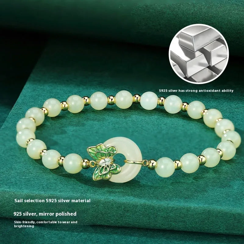 Cyan Hetian Jade butterfly bracelet on 925 sterling silver band with inlaid gemstones