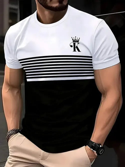 Grey loose-fit men's short sleeve casual T-shirt made from polyester fabric on a hanger.