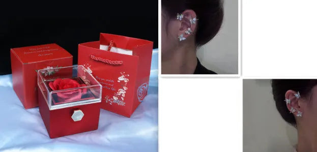 Rotating rose jewellery gift box with preserved real flower under acrylic cover and rotating drawer