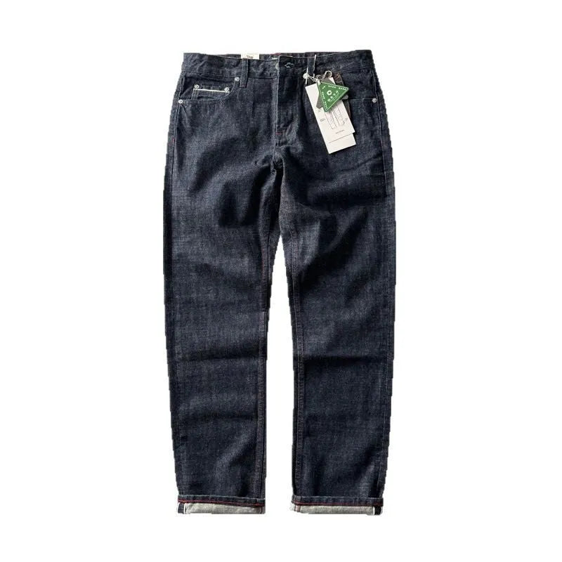 Men's straight-leg denim trousers in primary colour with mid-waist design and regular length