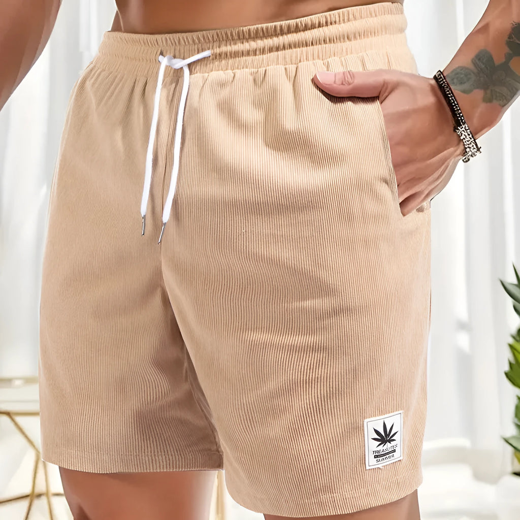 Men's straight cut summer shorts with a drawstring waist in black, blue, gray, or khaki.