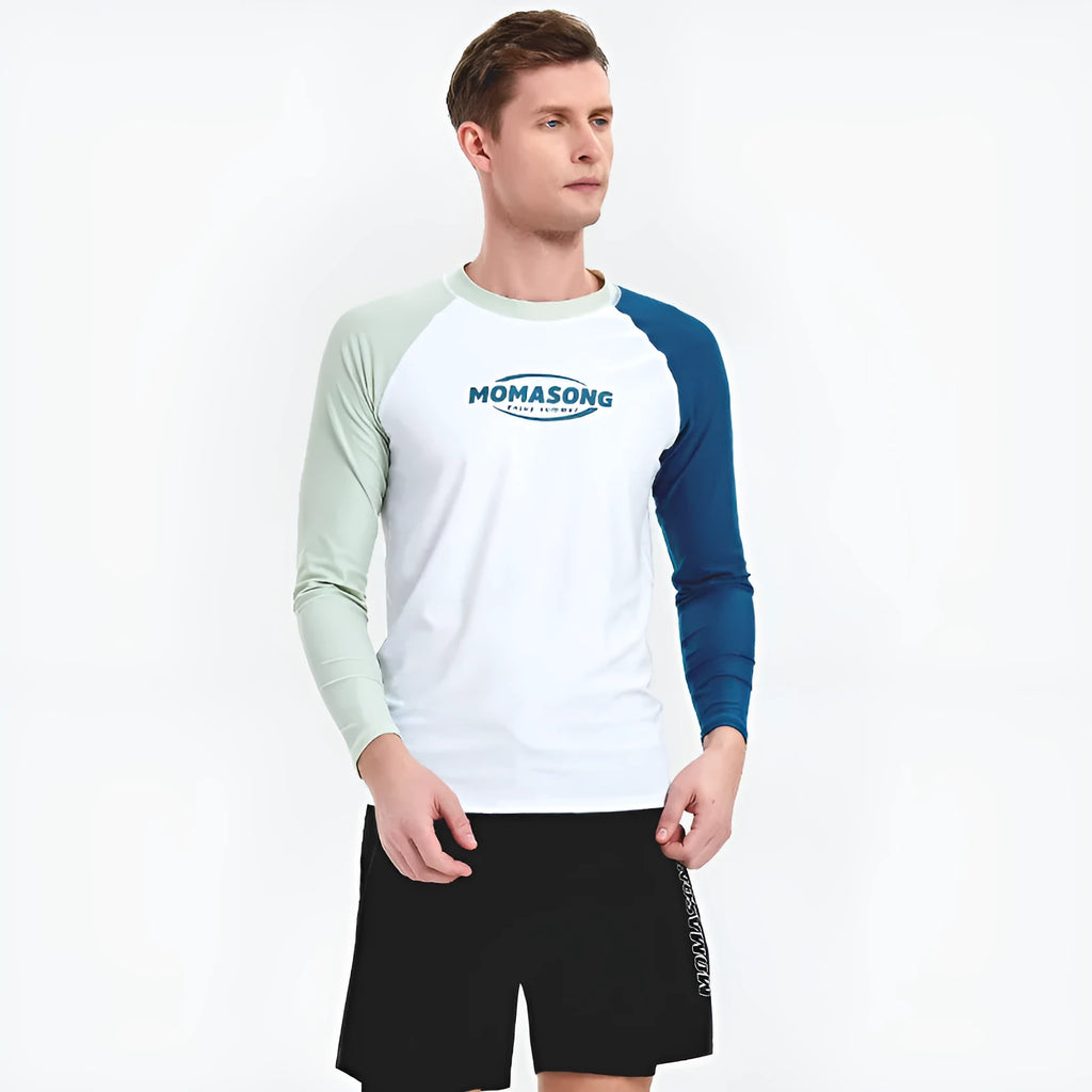 Men's white long-sleeved swim top and pants set for swimming and surfing.