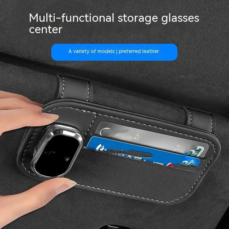 Cowhide leather automotive sun louver card holder with sunglasses clip in multiple colour options