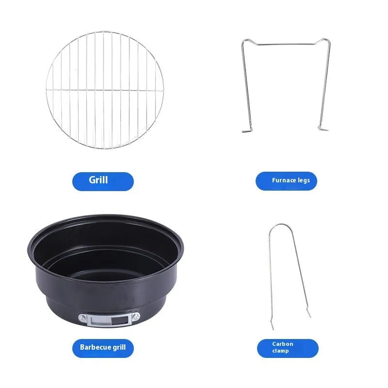 Small folding round outdoor ice stove grill set with mesh, leg, and storage bag