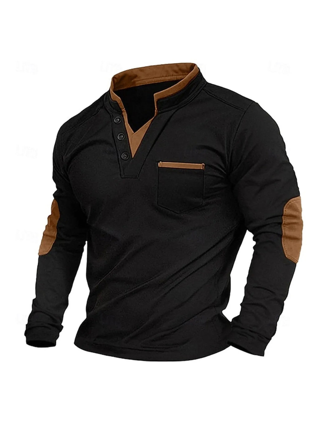 Men's stand collar long-sleeved sweater in solid black gray colour, stitching detail, pullover style, front view