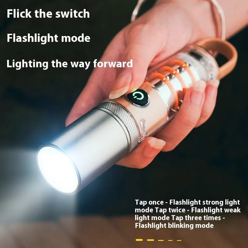 Orange and beige multifunctional flashlight with dual LED heads, optical zoom lens, and a metal hanging hook.