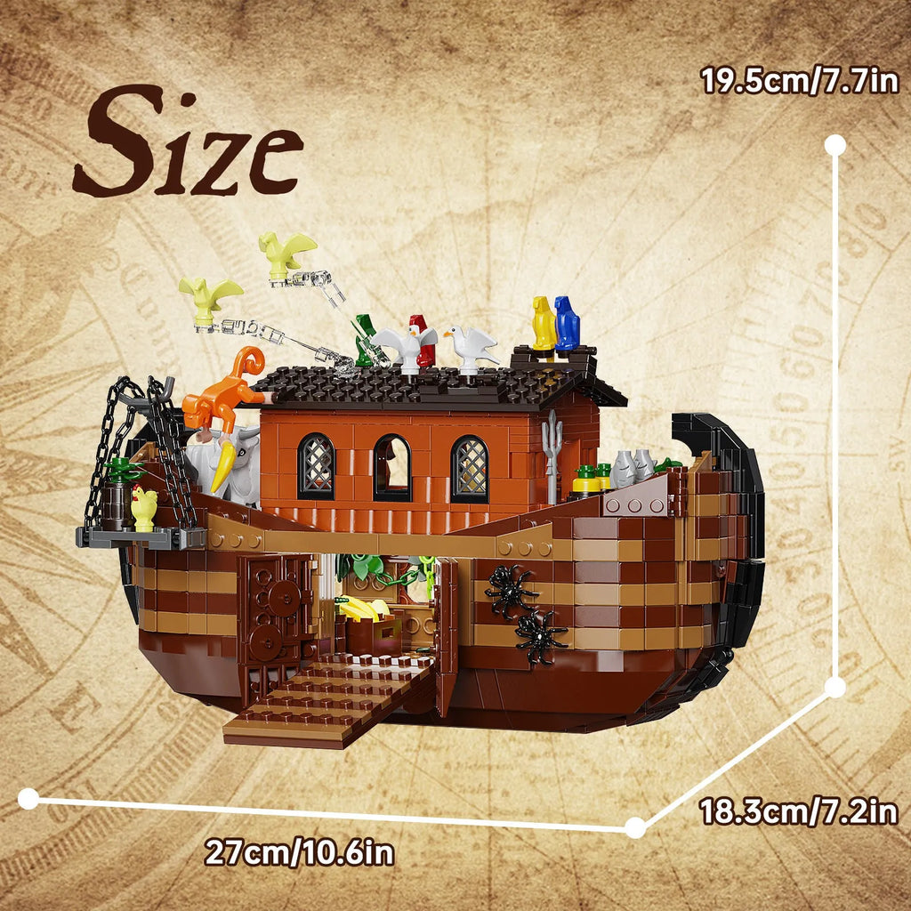 Brown plastic construction ship building block set assembled on a white surface, with blocks showing realistic ship details.