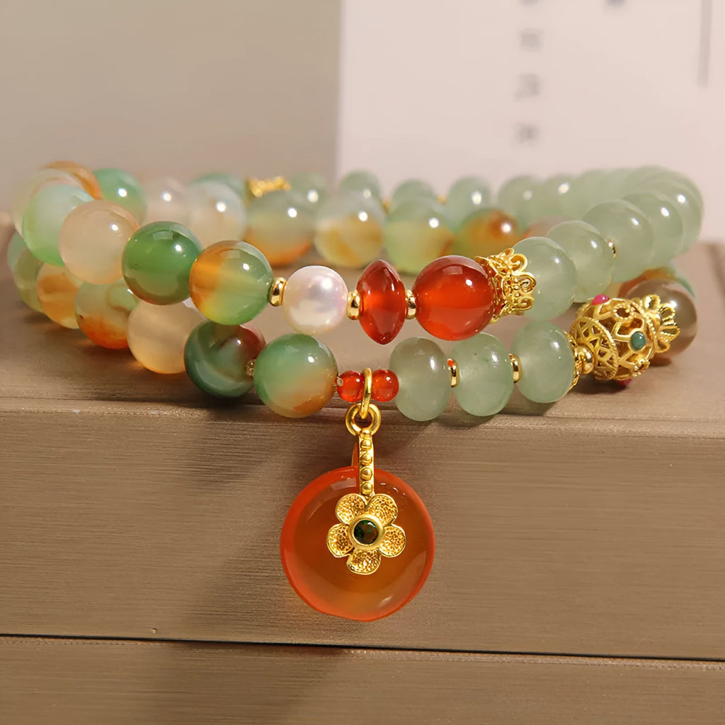 Peacock green agate double ring bracelet with safety buckle pendant and rhinestone detailing