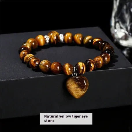 Handmade tigereye crystal love pendant bracelet with geometric round beads in natural gemstone colours