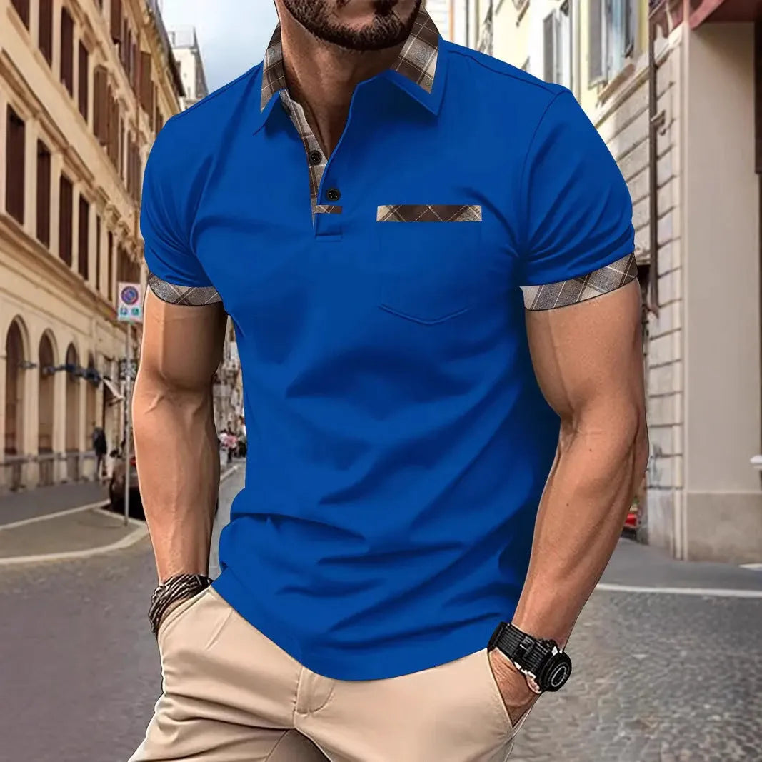 Men's short sleeve plaid colourblock t-shirt with a decorative zipper on the front.