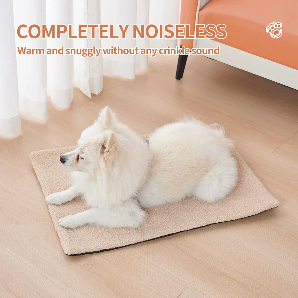 Grey self-heating plush pet pad for cats showing rectangular shape and soft texture