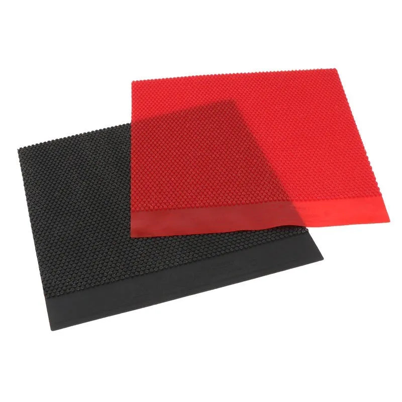 Single uncut sheet of black and red small particle table tennis rubber.