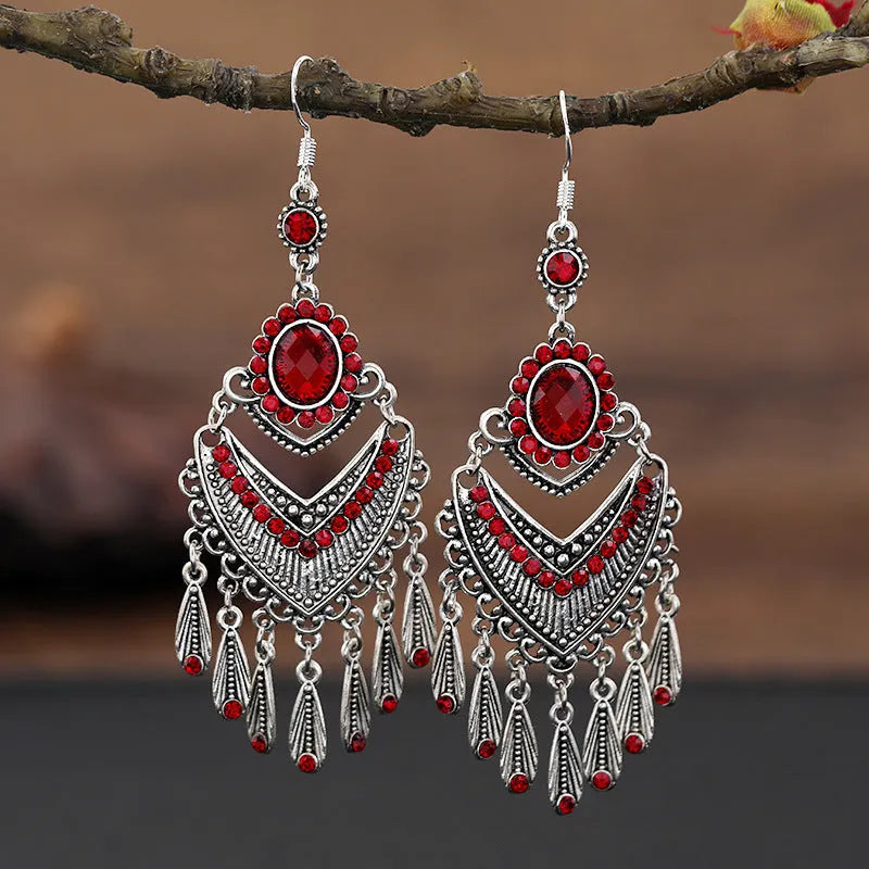 Smart water drop purple retro fringe earrings with crystal detail and ethnic styling